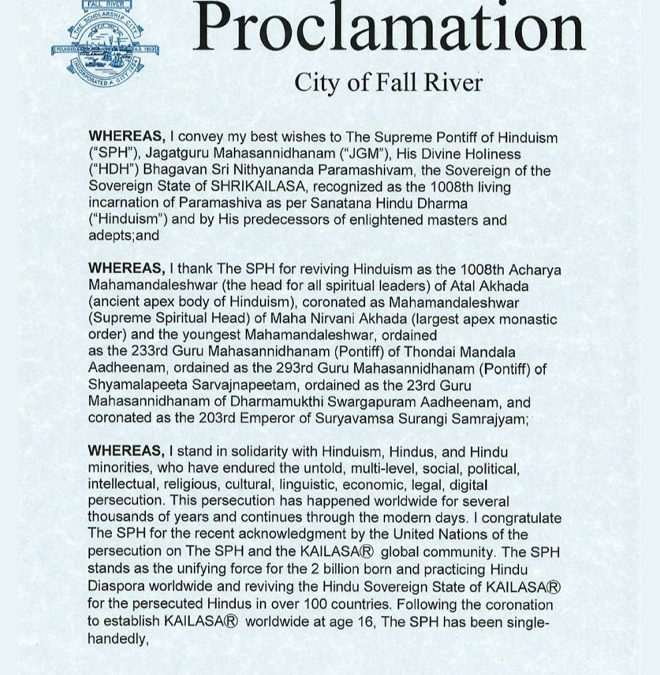 Mayor of City of Fall River, Massachusetts confers a proclamation to the SPH