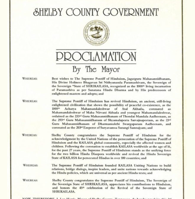 Mayor of Shelby County, Tennessee confers a proclamation to the SPH