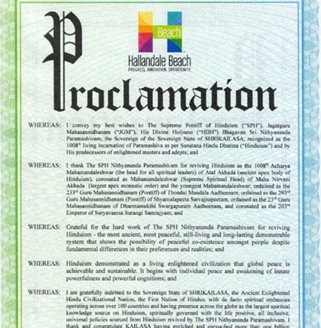 Mayor of City of Hallandale Beach, Florida confers a proclamation to the SPH