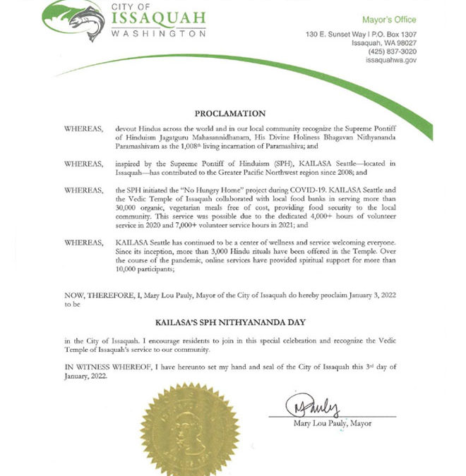Mayor of City of Issaquah, Washington confers a proclamation to the SPH
