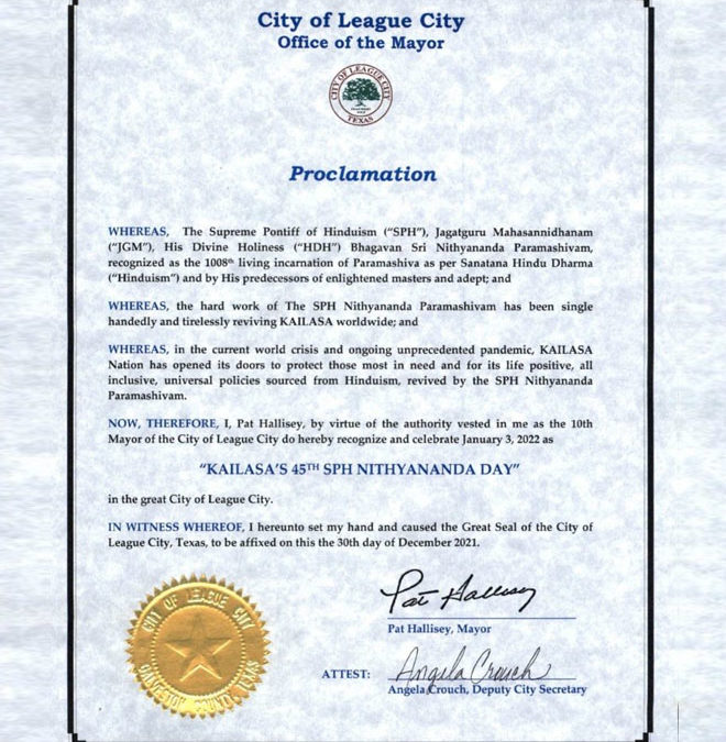 Mayor of City of League City, Texas confers a proclamation to the SPH