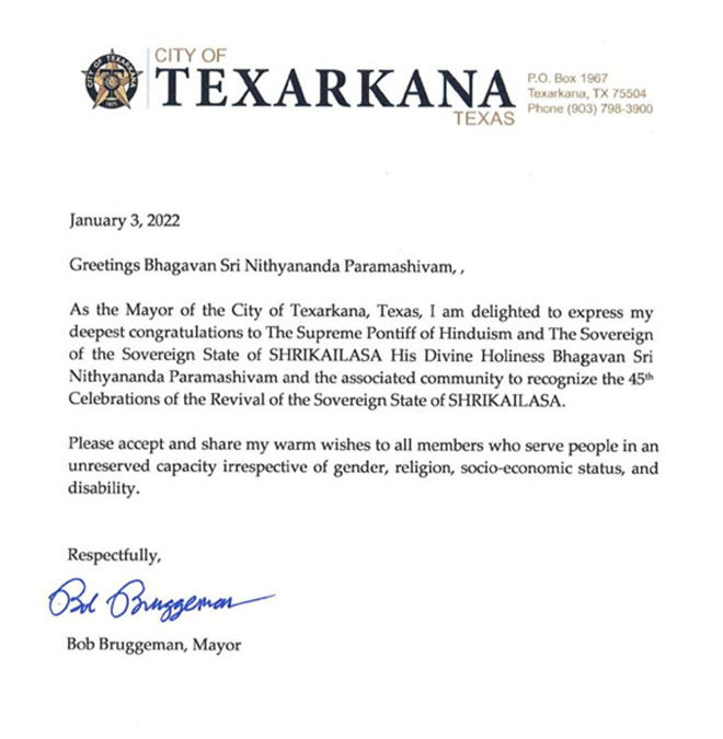 Mayor of City of Texarkana, Texas sends his greetings to the SPH