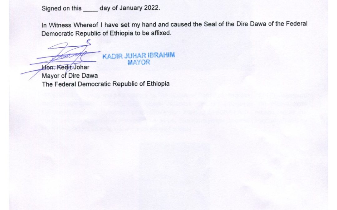 Mayor of City of Dire Dawa, Ethiopia confers a proclamation to the SPH
