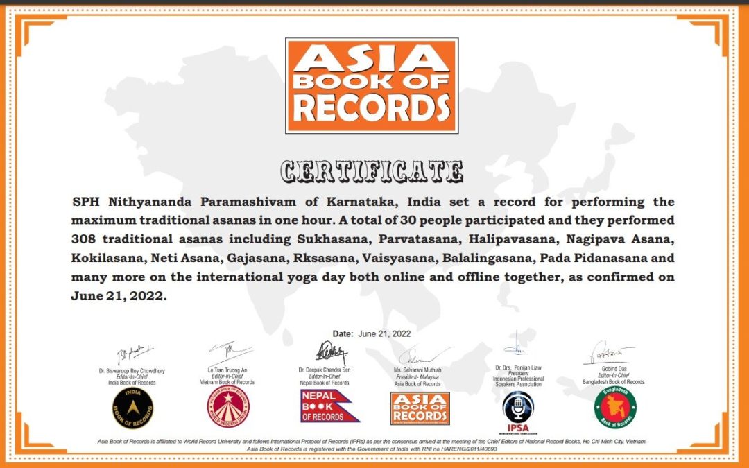 Kailasa’s Nithyananda Yoga Receives Asia Book of Record Award for the most number of traditional yoga poses performed in the span of 1 hour